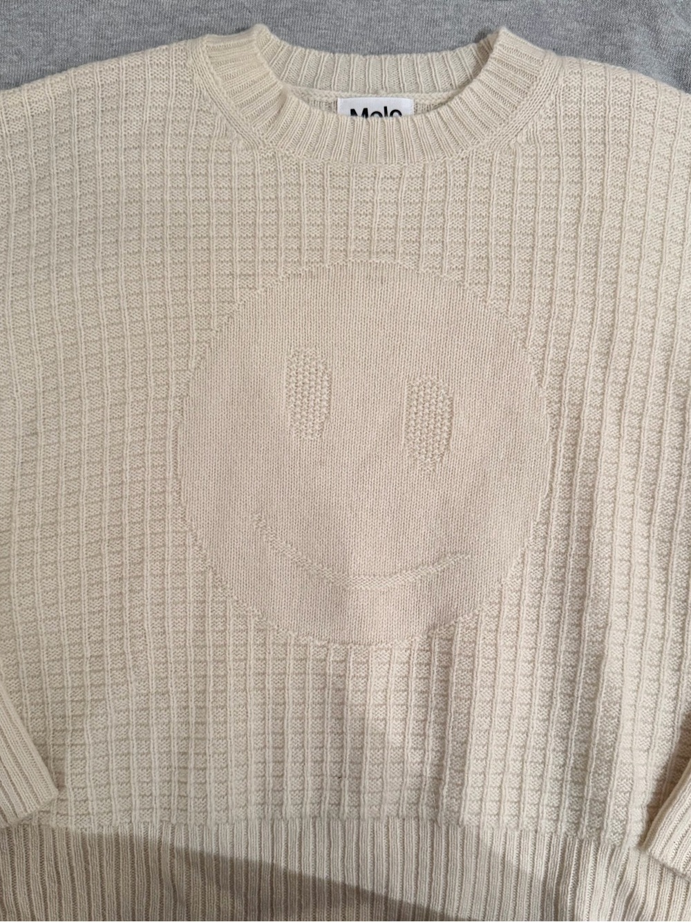Molo Girls Cream Smiley Knit Crewneck Sweater